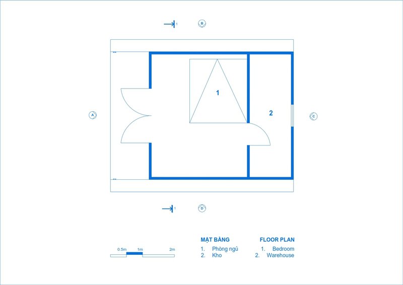 Floor plan drawing illustrating a triangular bedroom space adjacent to a rectangular warehouse area with curved partition walls