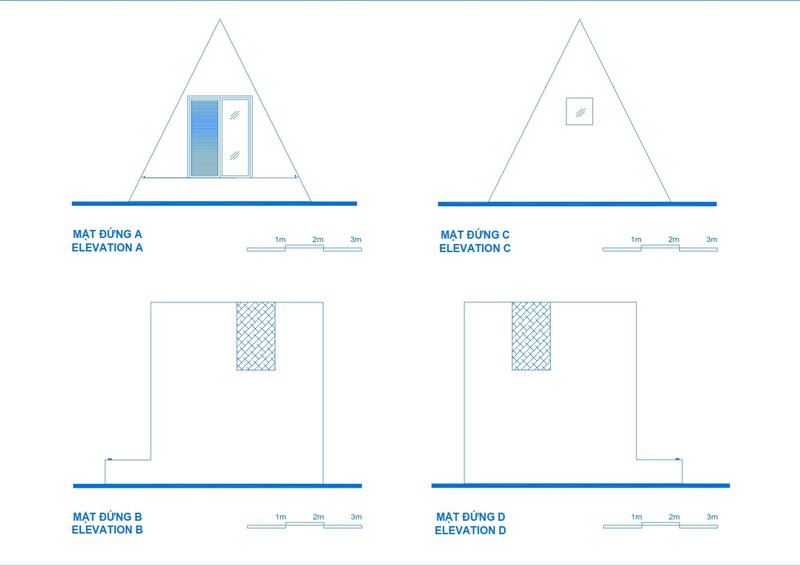 Elevation drawings showing four facades with triangular upper volumes and rectangular bases with central openings