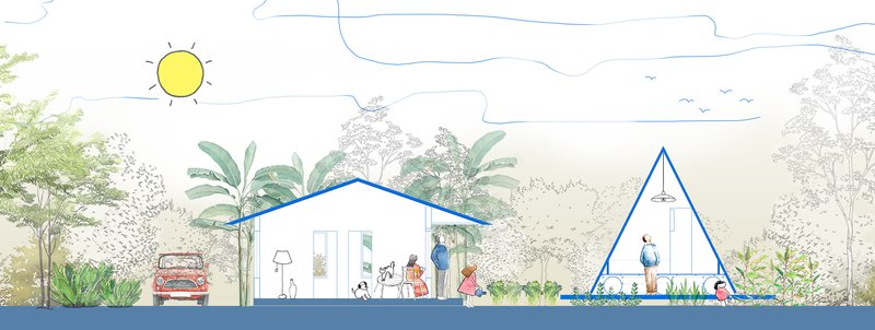 Section drawing depicting a gabled dwelling and triangular frame structure with figures under sunny skies and trees