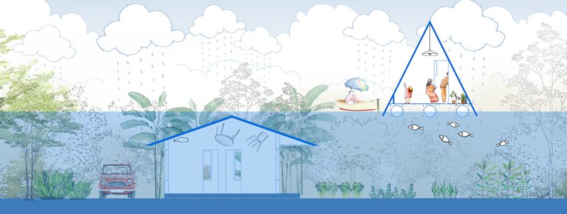 Section drawing showing the same structures partially submerged in floodwater with people sheltering under rainclouds
