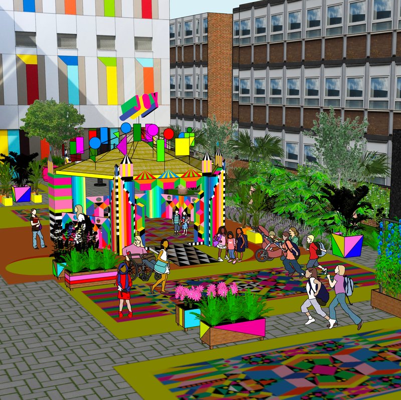 Rendering of a courtyard plaza with multicolored pavilions, plantings, and people gathered between residential buildings