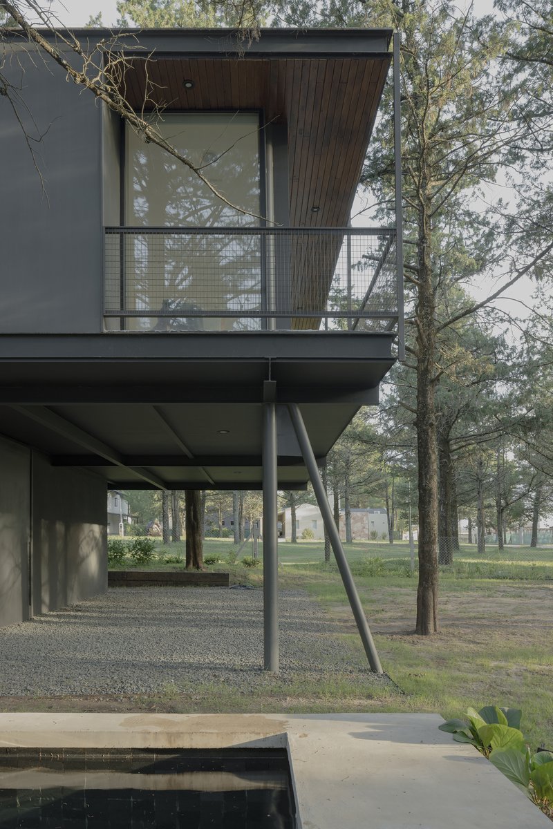 Corner detail of the upper balcony with glass railings and timber soffit above concrete pool edge