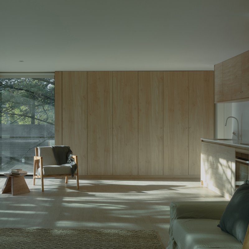 Living space with floor-to-ceiling timber storage wall and filtered sunlight across polished concrete floor