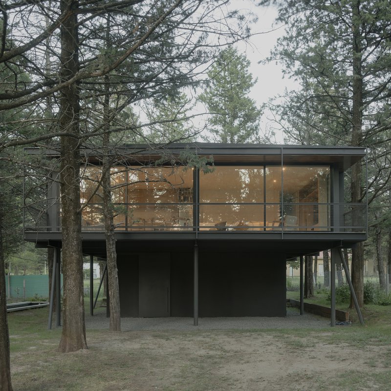 Front elevation showing illuminated interior through full-height glazing on steel pilotis at dusk