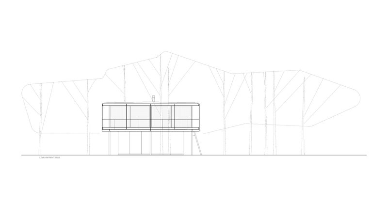 Elevation drawing showing the raised rectangular structure with vertical supports surrounded by tree canopies