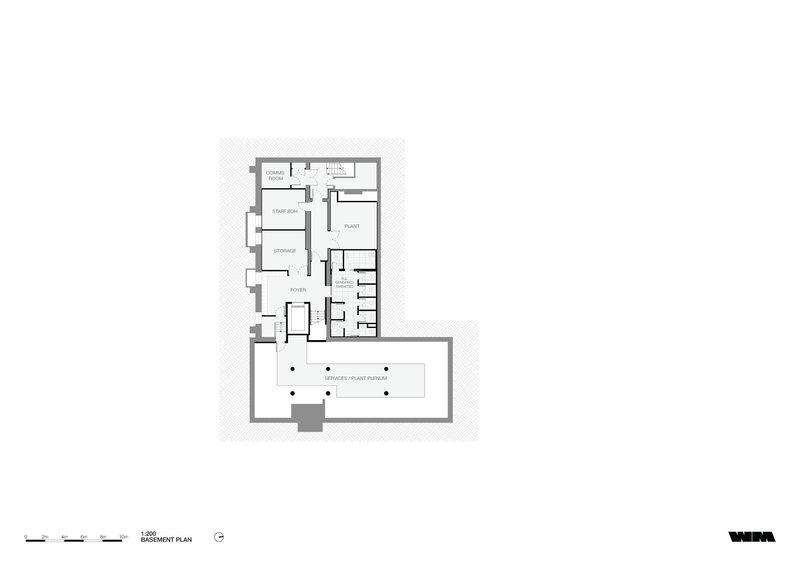Basement floor plan drawing showing court area, storage spaces and corridor circulation with an outdoor terrace