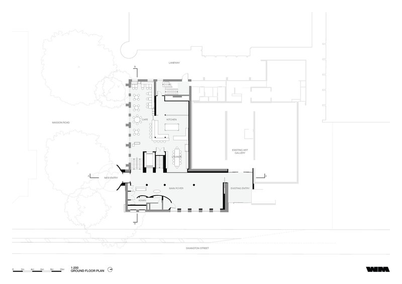 Ground floor plan drawing showing main entry, gallery space, kitchen and existing art gallery with adjacent trees