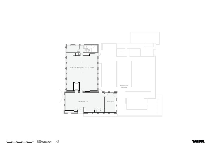 First floor plan drawing showing academic program study center, seminar room and art storage adjacent to gallery