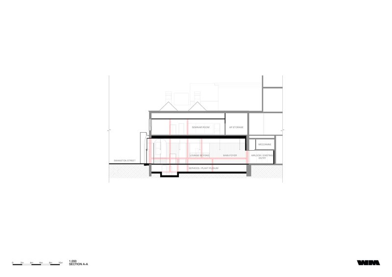 Section drawing through multiple interior spaces showing floor levels and a historic facade with arched openings