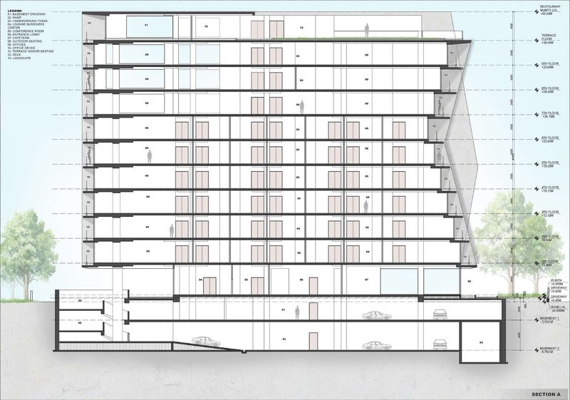 Building section drawing showing ten residential floors above underground parking with trees flanking the base