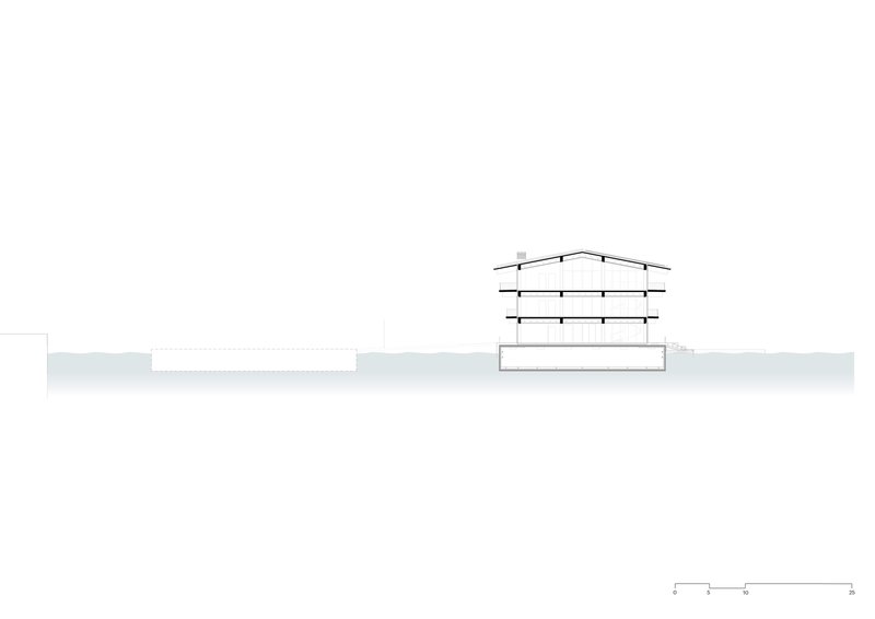 Section drawing revealing three-level structure with gabled roof set into sloping terrain
