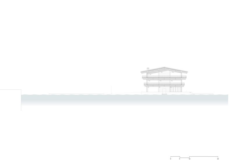Elevation drawing displaying three-story gabled building with horizontal banding and recessed ground floor