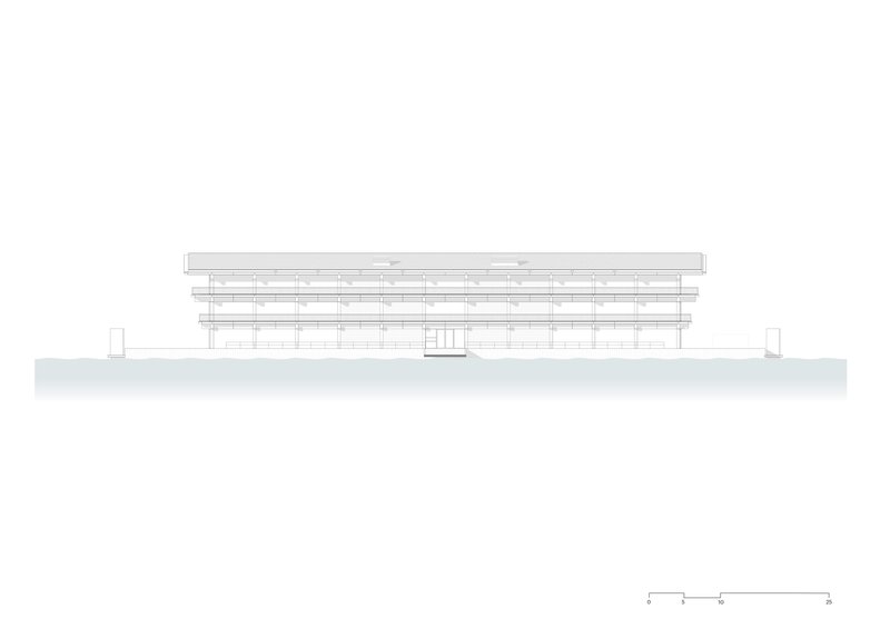 Elevation drawing showing a terraced horizontal structure with stacked overhanging roof layers