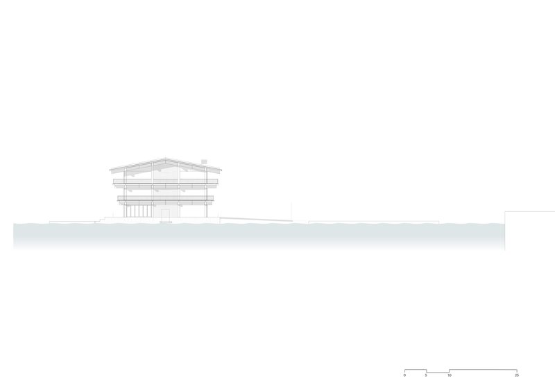 Elevation drawing depicting a gabled volume with vertical slats beneath tiered roof planes