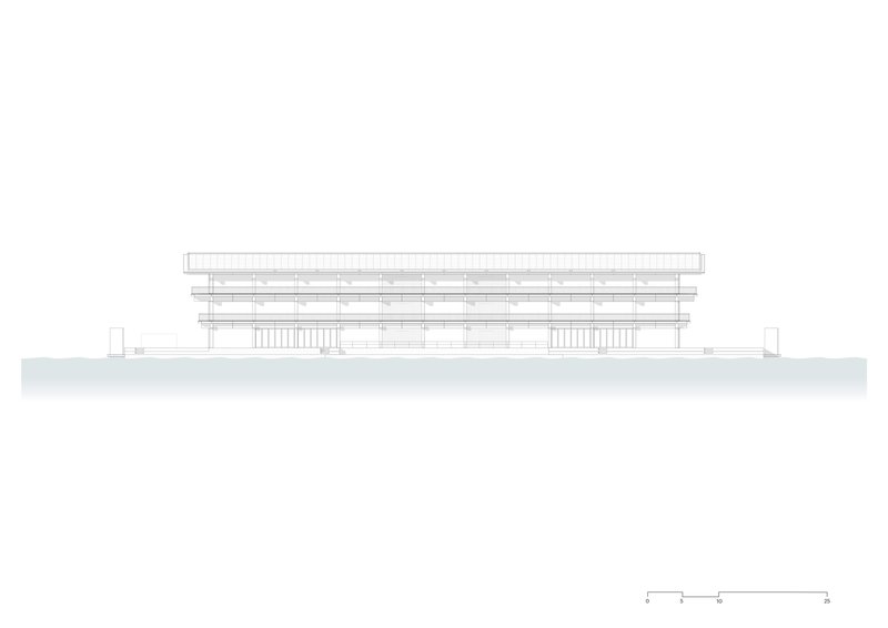 Elevation drawing illustrating the symmetrical facade with dual vertical column bays under layered rooflines