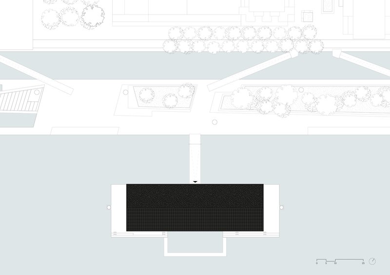 Site plan drawing showing the rectangular building footprint with tree-lined canal edges
