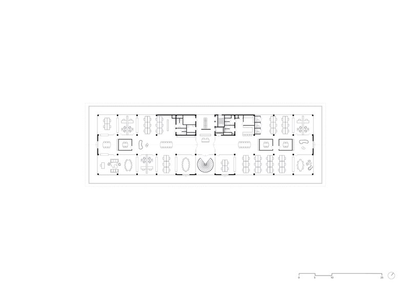 Floor plan drawing illustrating workspace layout with clustered meeting rooms and central circulation spine