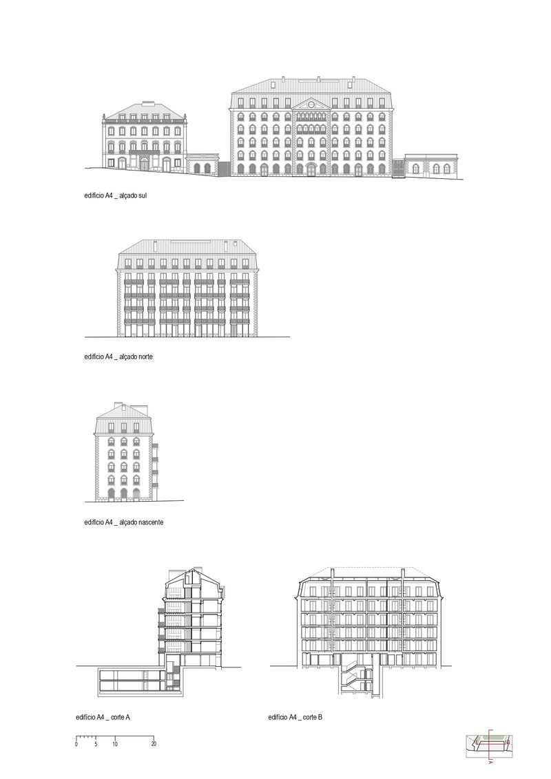 Elevation and section drawings depicting a multistory residential complex with arched openings and repetitive window modules