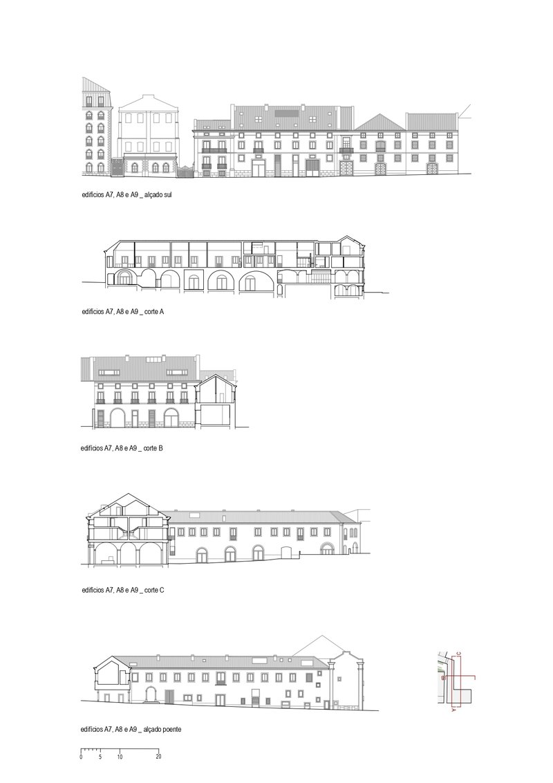 Elevation and section drawings illustrating facade variations and internal structure of a complex with gabled roofs