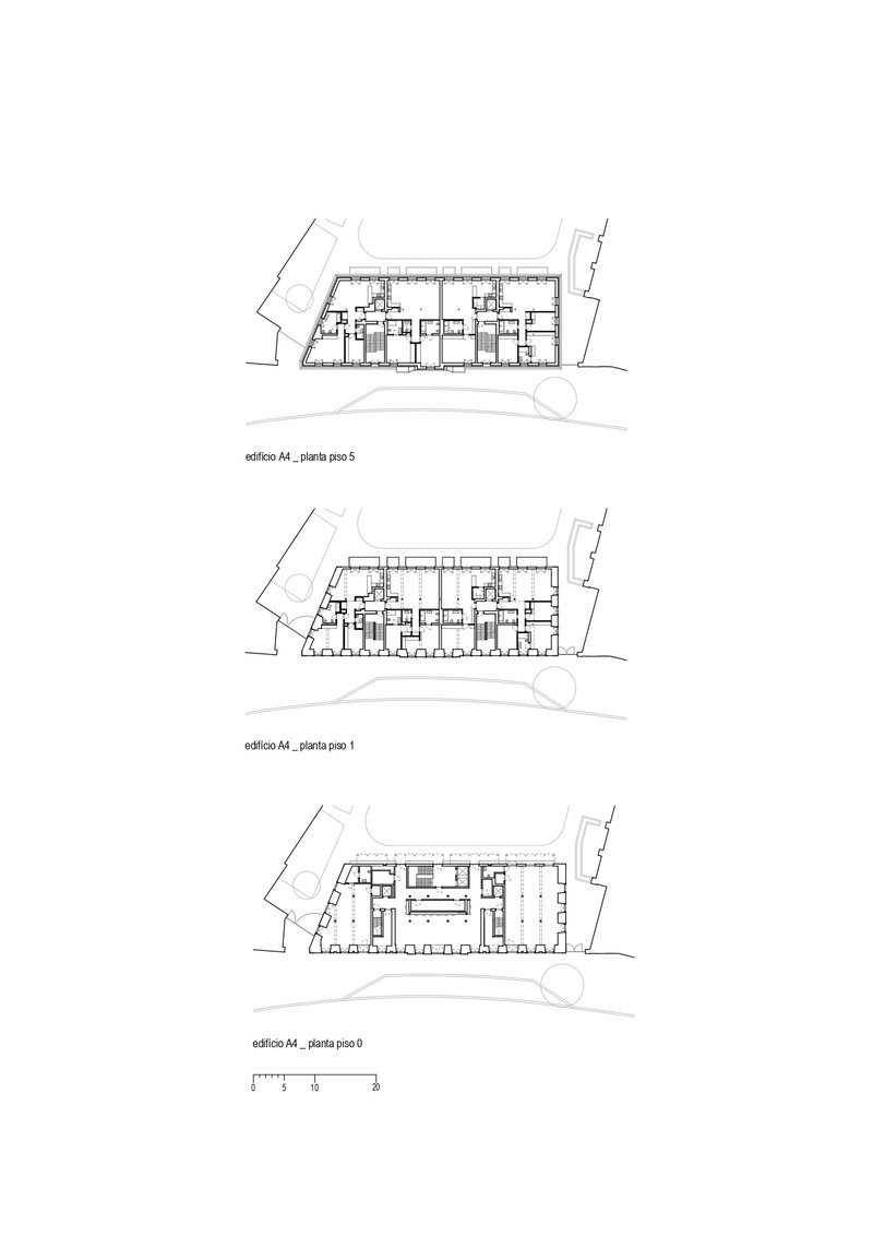 Floor plan drawings showing three levels with varying residential unit layouts and a ground floor entry