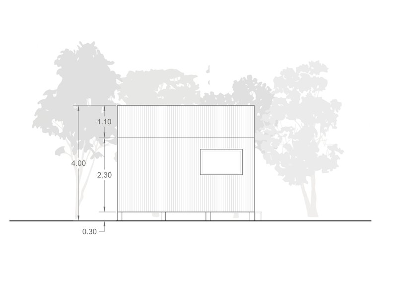 Elevation drawing of a vertical-clad gabled volume with a single window among silhouetted trees