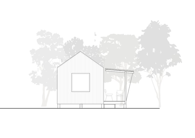 Elevation drawing showing a gabled main volume and an adjacent sloped glazed extension