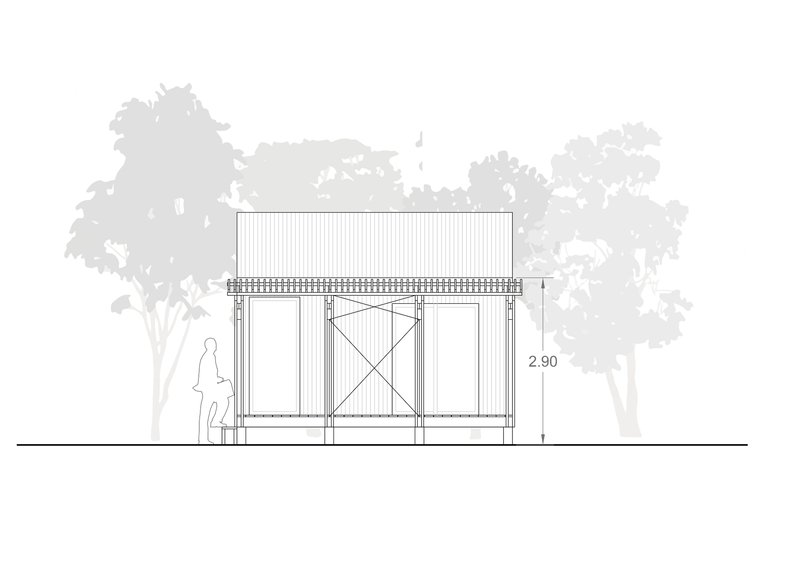 Section drawing revealing the raised floor structure with cross-bracing and a figure standing below