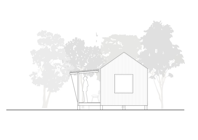 Elevation drawing showing the angled glazed porch with a figure inside and tree silhouettes beyond