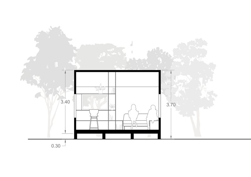 Section drawing showing two seated figures inside the raised interior with tree silhouettes flanking the structure
