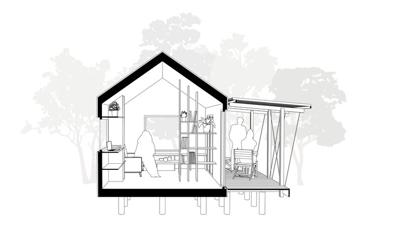 Section drawing revealing interior living spaces and covered porch with swing on timber piles