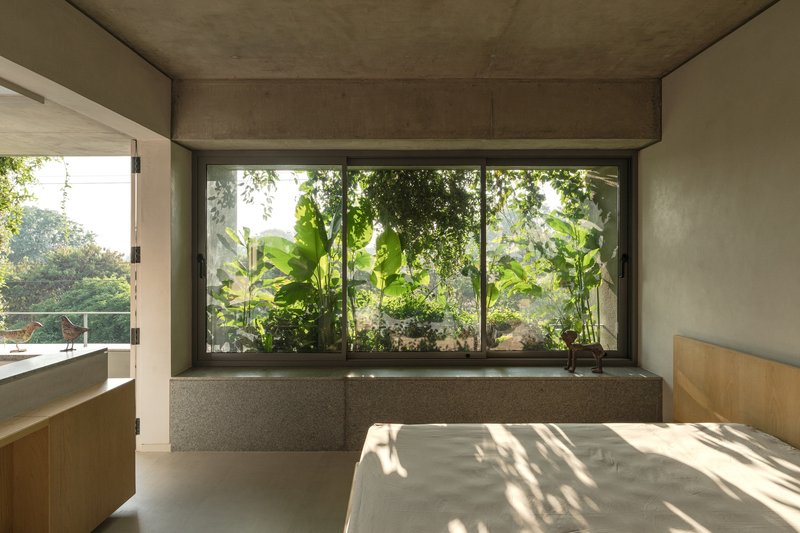 Bedroom window framing banana plants and tropical vegetation beyond a raised terrazzo planter bed
