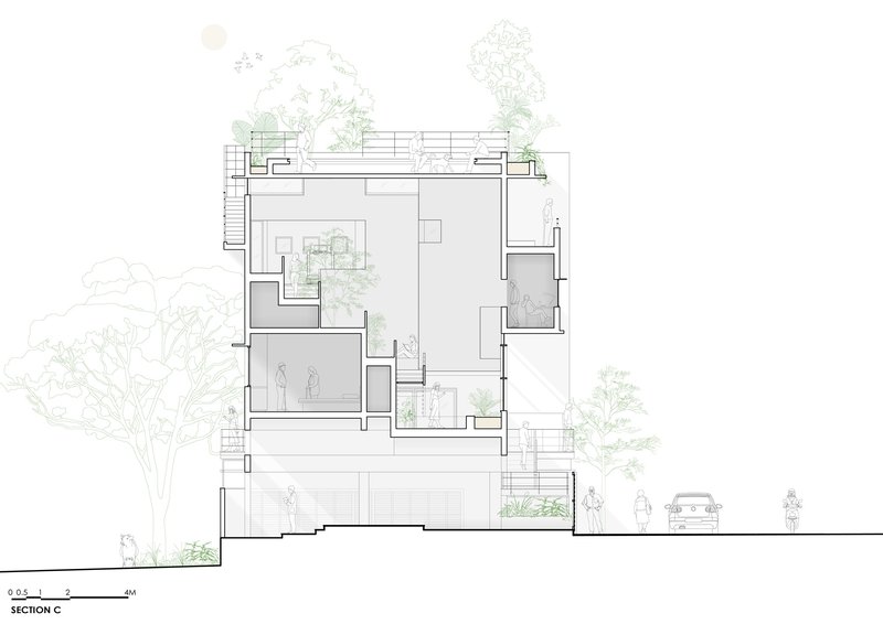 Section drawing revealing interlocking spaces with integrated courtyards and trees on various floor plates