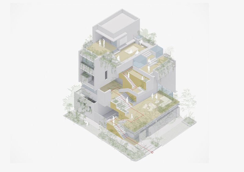 Axonometric drawing showing the stacked arrangement of volumes with staircases weaving through planted terraces