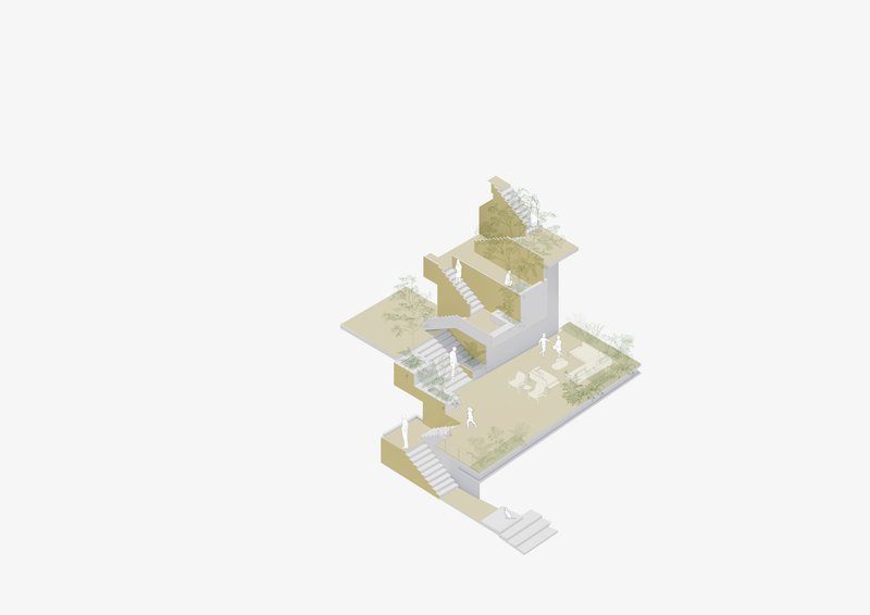 Exploded axonometric drawing illustrating the vertical circulation connecting three floor levels with exterior stairs