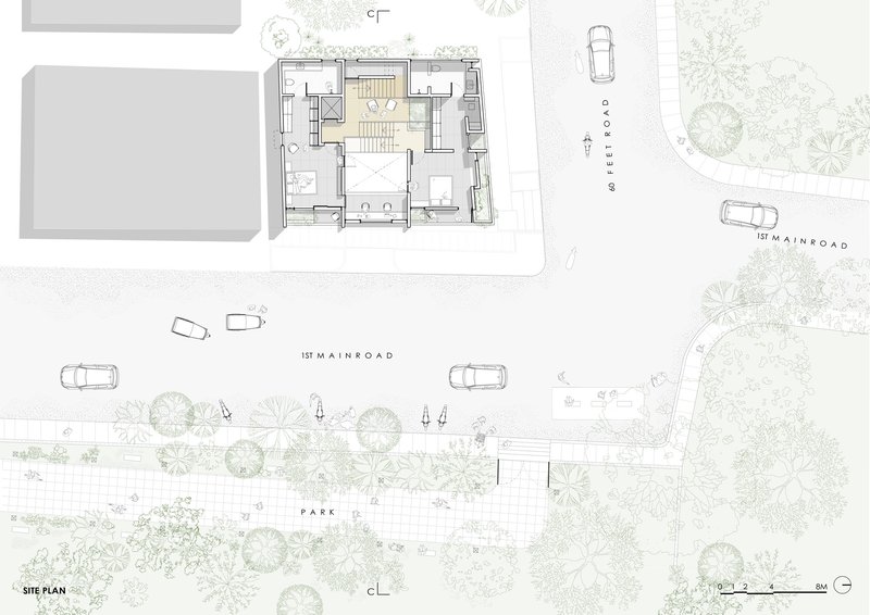 Site plan drawing depicting the residence with ground floor layout, parking, and landscaped park area