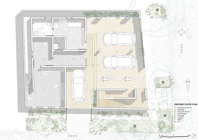 Ground floor plan drawing showing parking area, staircase, and rooms with planted beds at the perimeter