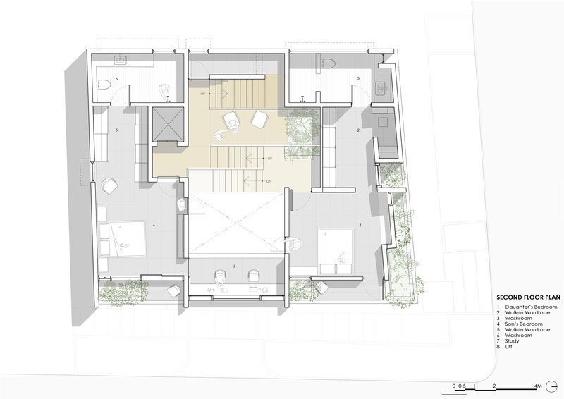 Second floor plan drawing showing bedrooms arranged around central void with planted balconies