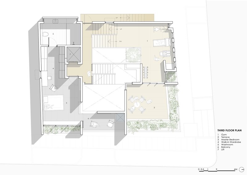 Third floor plan drawing showing master bedroom and terraces with integrated greenery