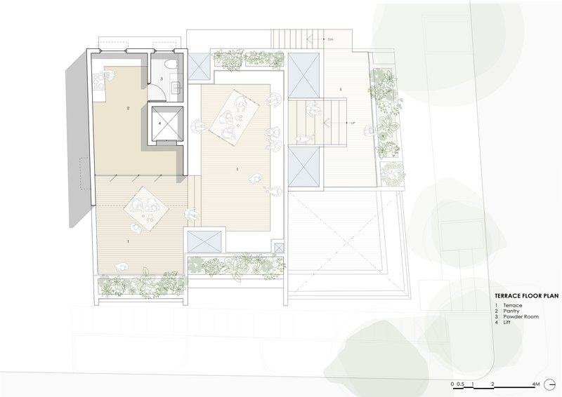 Terrace floor plan drawing showing rooftop deck with powder room and planted beds
