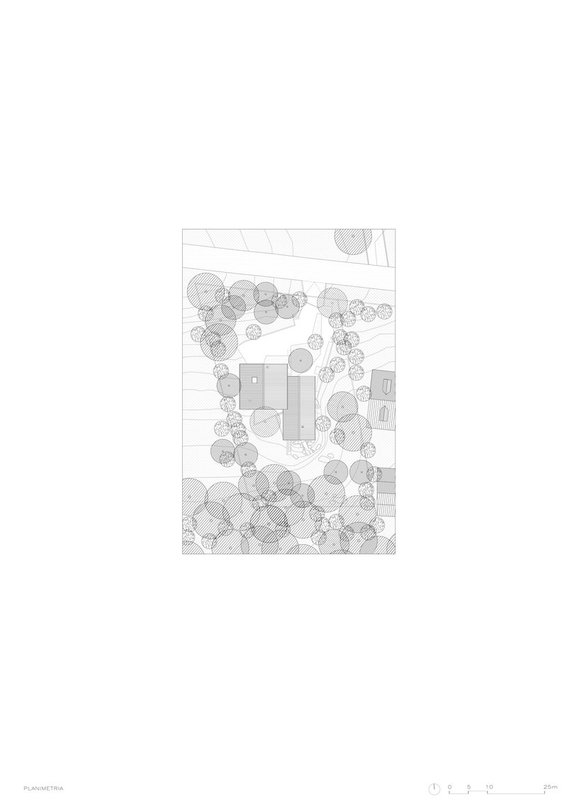 Site plan drawing showing building footprint surrounded by circular tree canopies and pathways