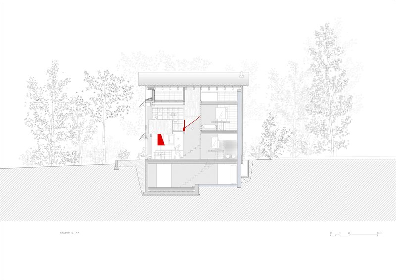 Building section drawing revealing split-level interior spaces with red accent wall between flanking trees