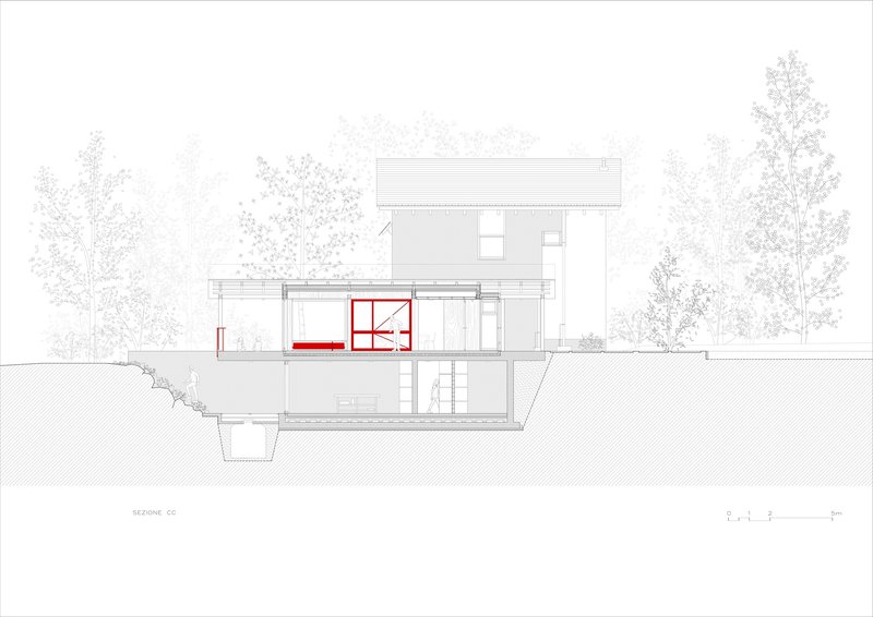 Building section drawing displaying covered terrace with red glazing framed by columns beneath sloped terrain