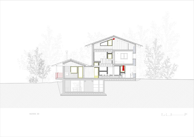 Section drawing showing a two-story gabled house with basement level and surrounding trees