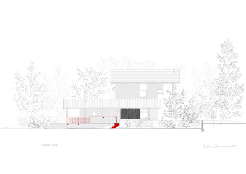 Elevation drawing of a flat-roofed two-story volume with red exterior stair and trees
