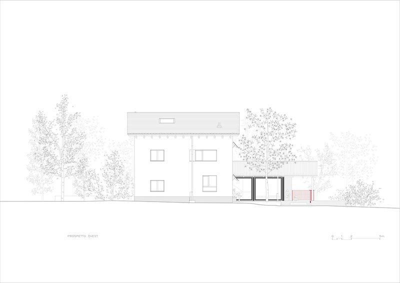 Elevation drawing of a rectangular house with upper terrace and lower annex volume