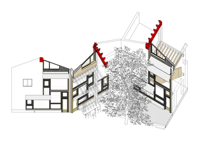 Axonometric drawing showing sectioned house volumes with red zigzag staircases and central tree