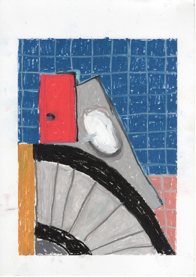 Sketch showing tiled wall with red door and radiating ceiling beams above curved archway