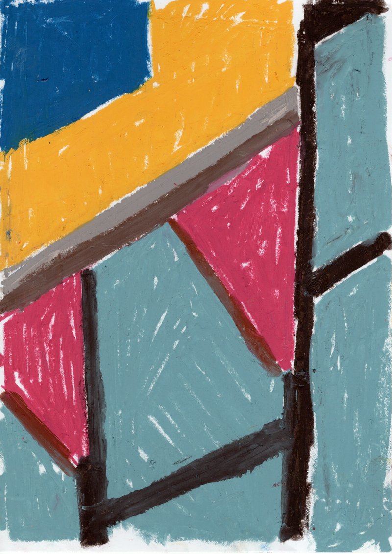 Close-up drawing of structural framing with pink triangular panels between blue and orange surfaces