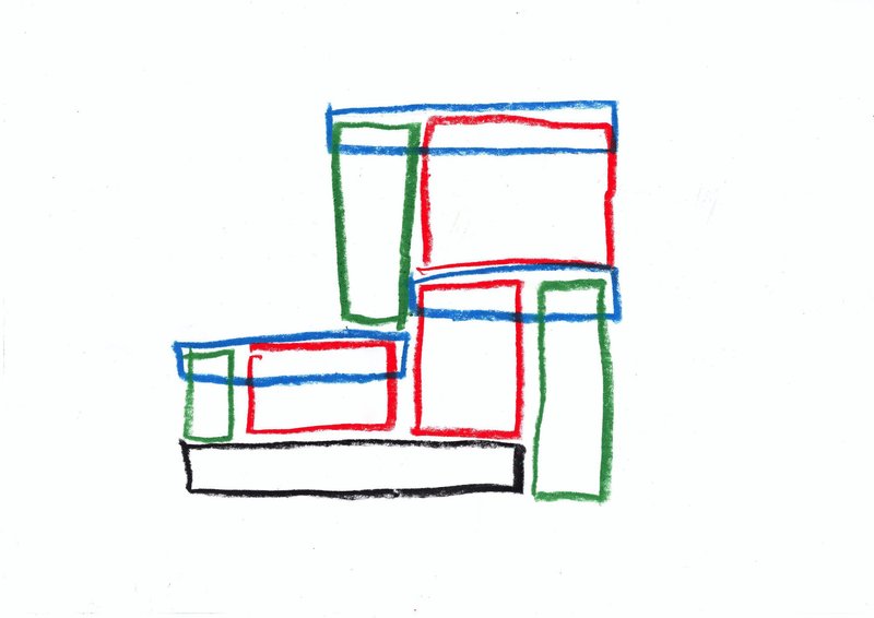 Line drawing showing interlocking rectangular volumes in red blue and green outlined forms
