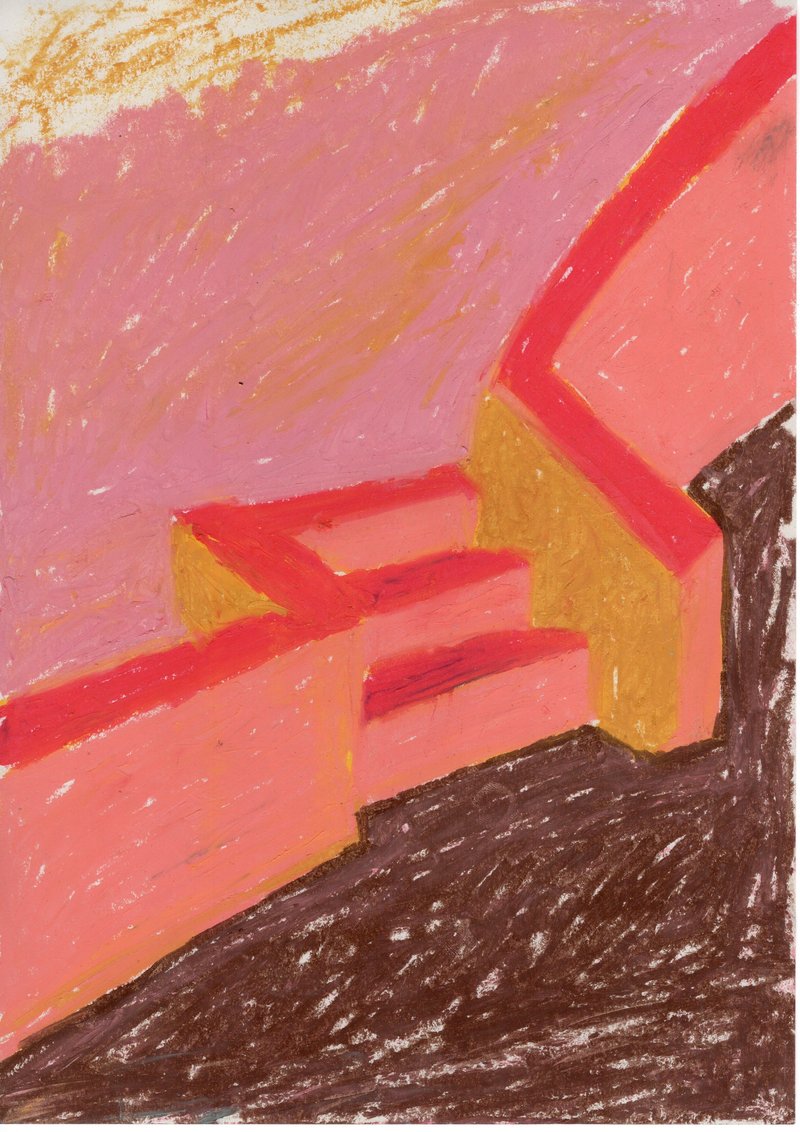 Pastel sketch of angled roof planes in coral and pink tones against darkened ground